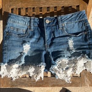 Altar'd State Blue Jean Shorts with White Lace Trim